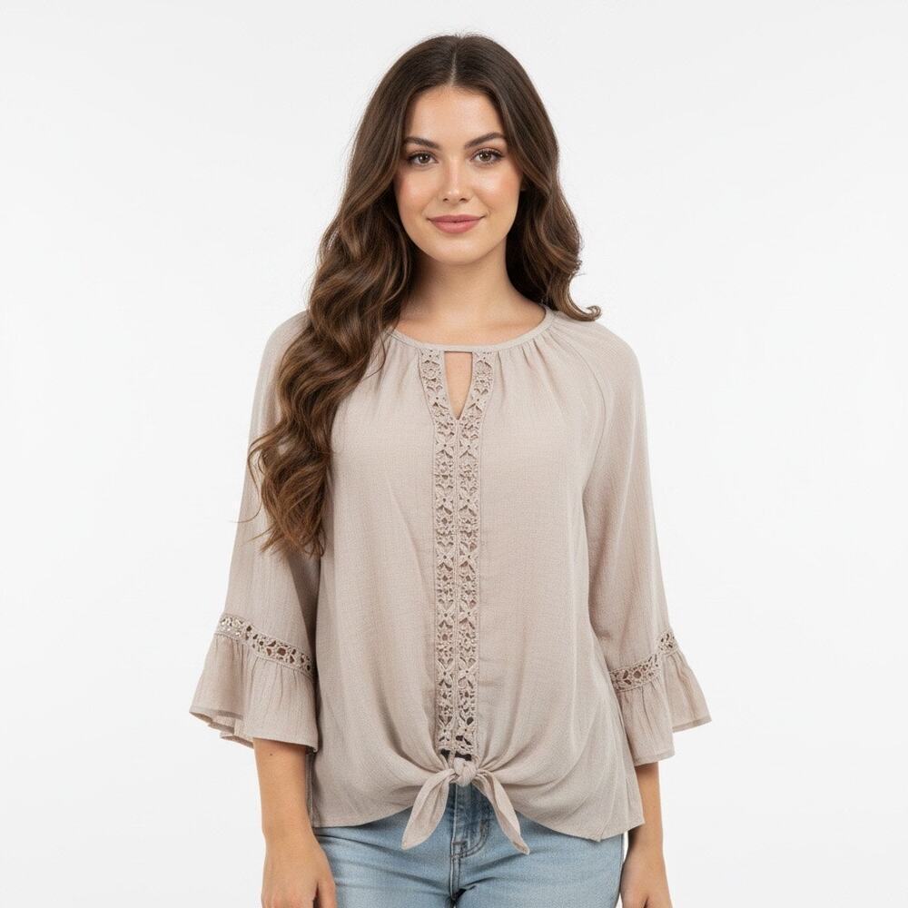 Spense Beige Boho Peasant Embroidered Blouse Romantic Cottagecore Medium Chic